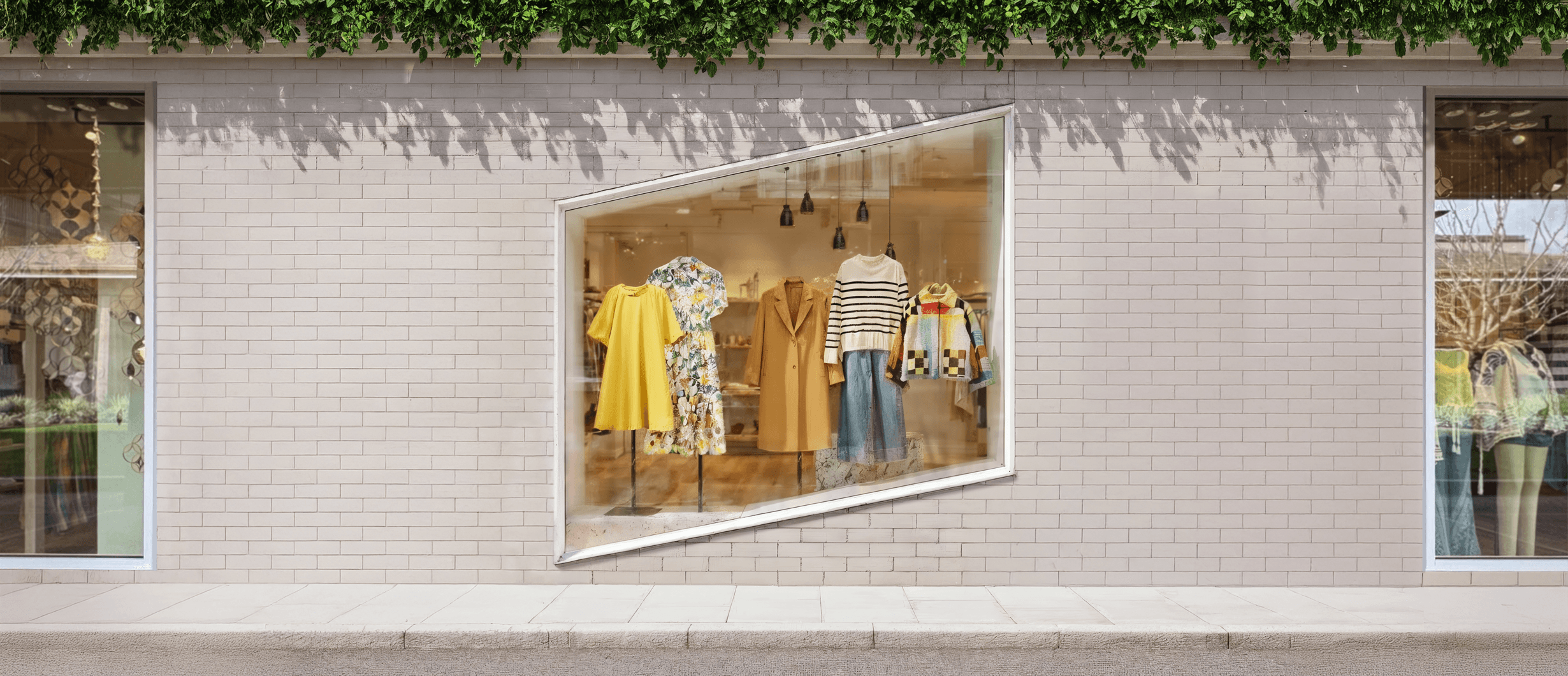 Exterior view of a clothing boutique with a large window display showcasing garments, where the window frame forms Stripe's parallelogram logo.
